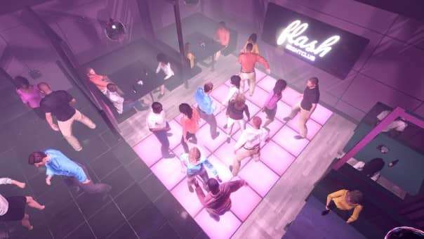 A lively dancefloor scene from the Bartender Hustle review, featuring characters enjoying the nightlife.