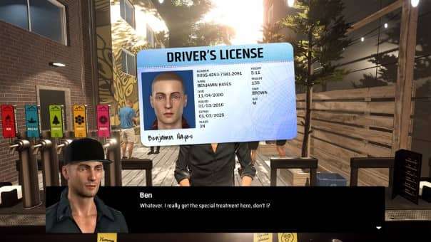 A bartender verifying a patron’s driving license in the Bartender Hustle review, ensuring they meet the legal drinking age.