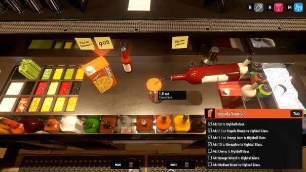 A bartender pouring drinks and liqueurs at their workstation in the Bartender Hustle review, showcasing mixology in action.