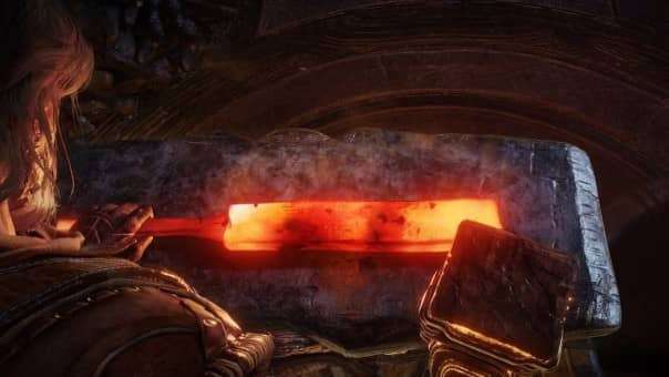 A warrior gazes down at a red-hot blade being forged, as featured in the Blades of Fire review.