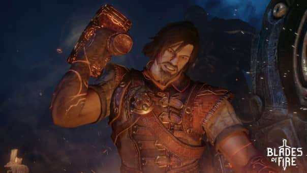 A skilled warrior hammering a red-hot blade into shape, featured in the Blades of Fire review.