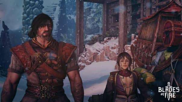 A warrior and their sidekick taking a quiet moment to reflect in a bustling town, as featured in the Blades of Fire review.