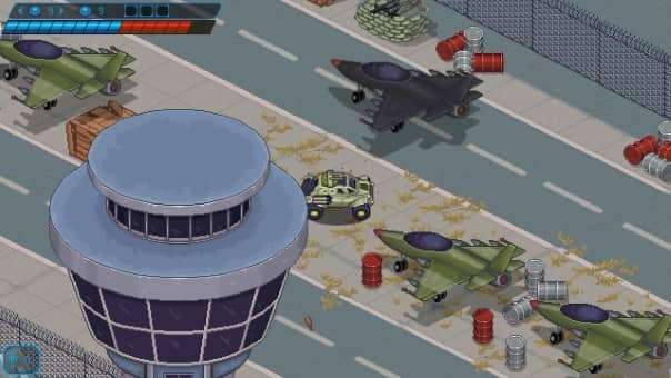 Blazing Trail review featuring an intense airport battle with pixel-art visuals, explosive firefights, and strategic combat encounters.