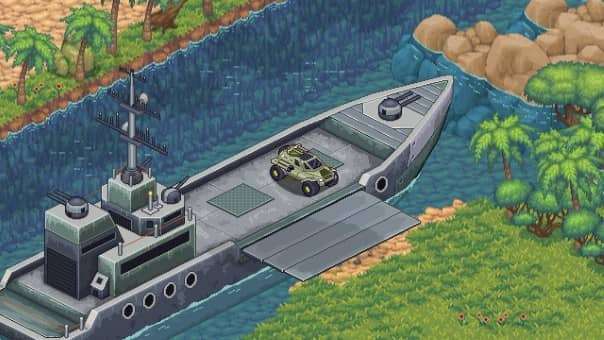 Blazing Trail review featuring the intense opening as players disembark from the battle boat, stepping into pixel-art warfare and strategic combat.