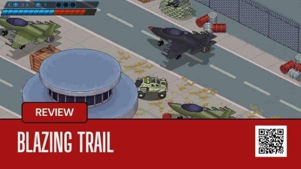 Blazing Trail review main image showcasing pixel-art graphics, explosive action, and dynamic gameplay in a full 3D game world.