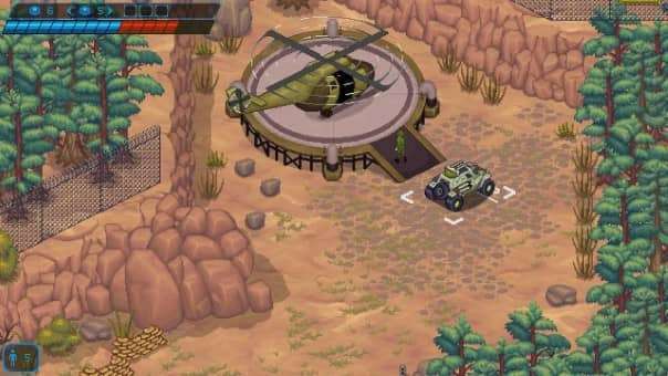 Blazing Trail review featuring a tense moment as players drop off rescued prisoners to the waiting helicopter amid pixel-art warfare.