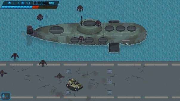 Blazing Trail review featuring an intense submarine battle with pixel-art visuals, explosive combat, and dynamic underwater warfare.