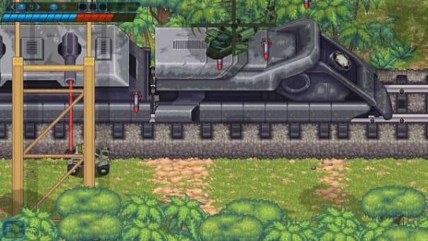 Blazing Trail review featuring a high-speed train boss battle with pixel-art visuals, explosive combat, and intense strategic firefights.