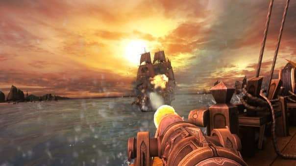 A thrilling first-person view from the Captain Blood review, firing a cannon at an approaching pirate ship.
