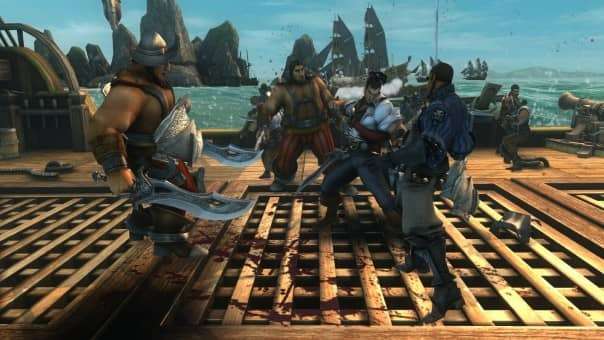 A chaotic battle from the Captain Blood review, with a group of enemies surrounding the captain in a fierce confrontation.
