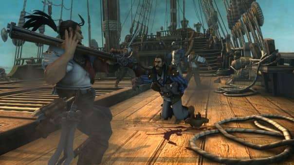 A brutal clash from the Captain Blood review, featuring an enemy struck by the butt of a musket in combat.