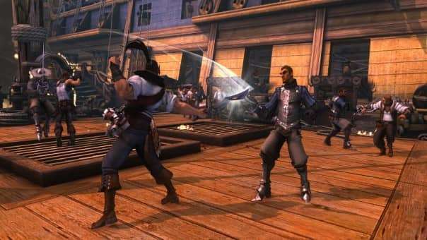 A fierce sword duel from the Captain Blood review, as the captain clashes blades with a formidable opponent.