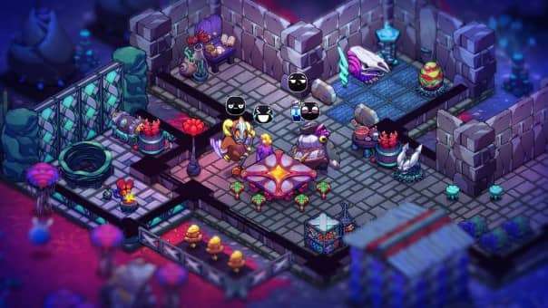 The main character chatting with local town inhabitants in a bar, as highlighted in our Crashlands 2 review.
