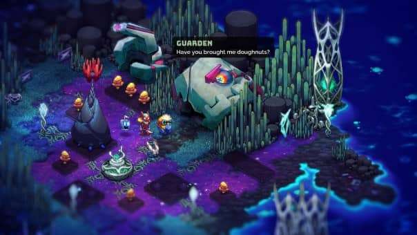 The main character conversing with an alien near a crashed ship in Crashlands 2, as featured in our review.
