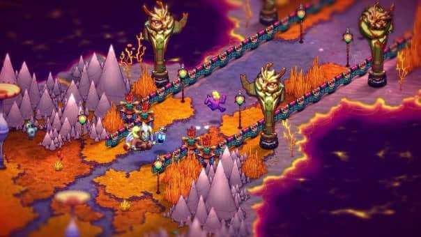 The main character navigating a fiery landscape in Crashlands 2, as featured in our review.