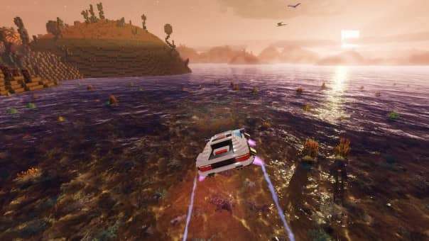 A stunning hover car soaring over the voxel terrain at sunset in the Cubic Odyssey review.