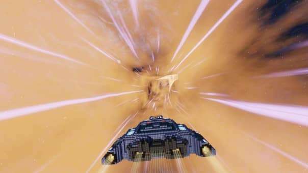 A spacecraft accelerating into hyperspace, showcasing interstellar travel in the Cubic Odyssey review.