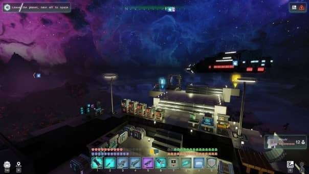 A bustling space port filled with diverse characters, showcasing interstellar life in the Cubic Odyssey review.