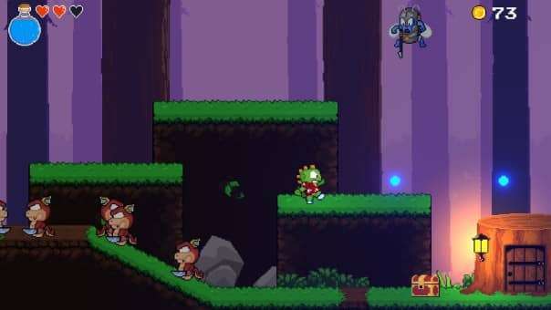 Tranquil forest level in Dinopunk: the Cacops adventure review, featuring dense greenery, hidden paths, and atmospheric lighting effects.