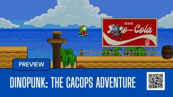 Main promotional image for Dinopunk: the Cacops adventure review, showcasing prehistoric action, ninja battles, and thrilling water-powered combat.