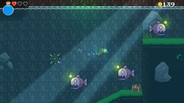 Immersive underwater level in Dinopunk: the Cacops adventure review, featuring deep-sea exploration, aquatic enemies, and fluid movement mechanics.