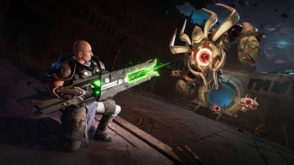 Empyreal Review – A high-stakes boss battle, unleashing powerful gunfire while dodging devastating enemy attacks.
