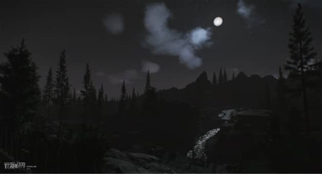 A haunting nighttime view of Tarkov in the Escape from Tarkov review, showcasing its atmospheric tension.