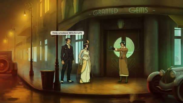 In our Old Skies review, Fia faces accusations of witchcraft outside a grand 1920s theatre.