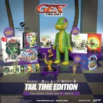Gex Trilogy Collector’s Edition featuring exclusive collectibles, including a 7-inch Gex statue, inflatable Gex doll, trading cards, and Steelbook case