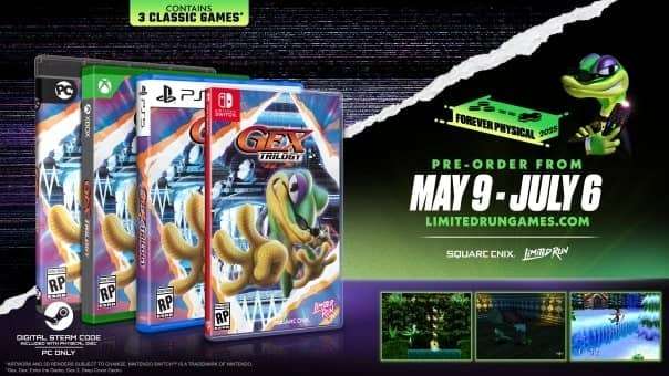 Gex Trilogy box art for PlayStation, Xbox, Nintendo Switch, and PC, showcasing the cover designs for each platform.