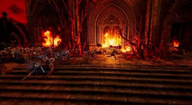 The protagonist flees from relentless enemies outside the corrupted church in the Hordes of Hunger review, under a foreboding red sky.