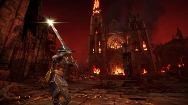 The protagonist gazes at the corrupted church in the Hordes of Hunger review, surrounded by eerie decay.