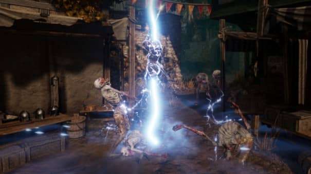 A powerful lightning ability unleashed in the Hordes of Hunger review, striking multiple enemies in battle.