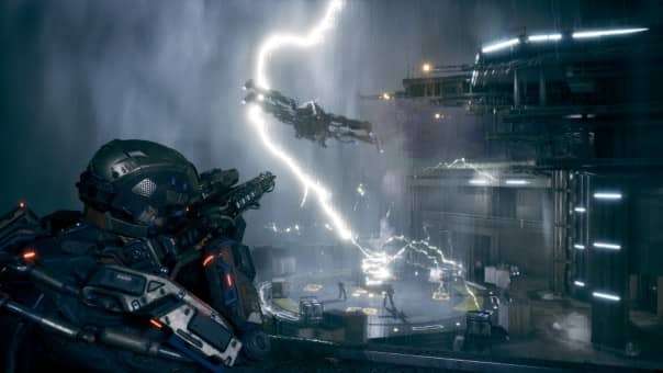 A dramatic scene in the La Quimera preview review, with the protagonist watching a drop ship through heavy rain and lightning.