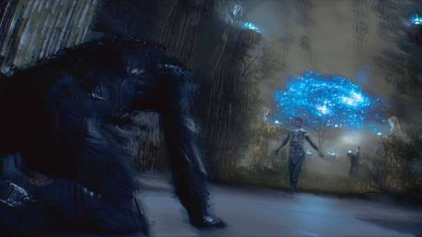 A blurred, emotional moment in the La Quimera preview review, showing the protagonist kneeling in defeat.