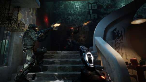 A high-stakes shootout on a staircase from the La Quimera preview review, showcasing intense firefights.