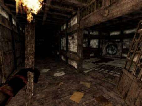 A haunting view from the Labyrinth Of The Demon King review, showcasing the ruined temple with shattered wooden walls and torn-down doors.