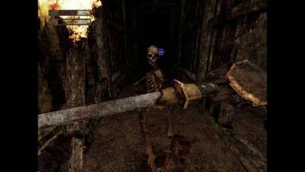 A tense moment from the Labyrinth Of The Demon King review, as a warrior expertly blocks a skeleton’s attack in the eerie depths.