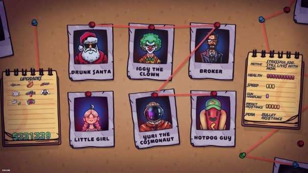 The character select screen in Maniac Review, showcasing playable characters and customization options.