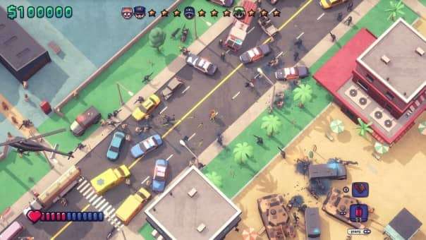 A chaotic downtown scene from Maniac Review, with wrecked cars and destruction filling the streets.