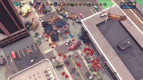A chaotic downtown scene from Maniac Review, with a maniac causing destruction in the streets.