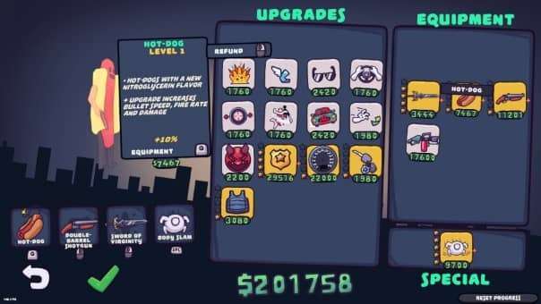 An upgrades menu from Maniac Review, showcasing customization options and player progression.