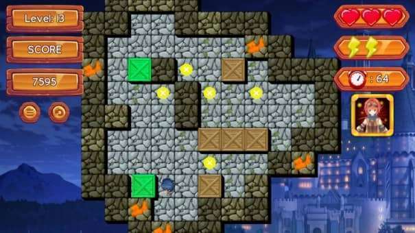 A puzzle-solving moment in the caves level from the Moe Waifu H Push-Box review, showcasing its grid-based mechanics and dimly lit atmosphere.