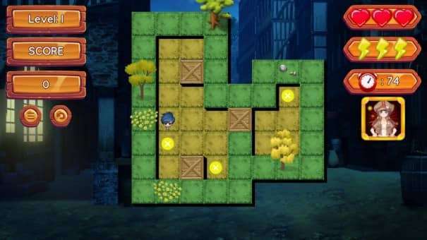 A forest level puzzle-solving moment from the Moe Waifu H Push-Box review, showcasing its grid-based mechanics and serene environment.
