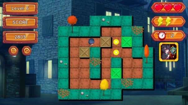 A puzzle-solving moment in the grassland level from the Moe Waifu H Push-Box review, showcasing its grid-based mechanics and natural scenery.