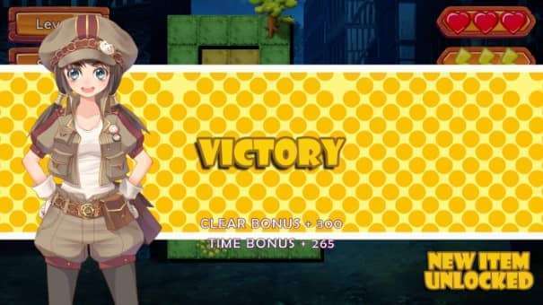 The level victory screen from the Moe Waifu H Push-Box review, showcasing completion stats and celebratory visuals.