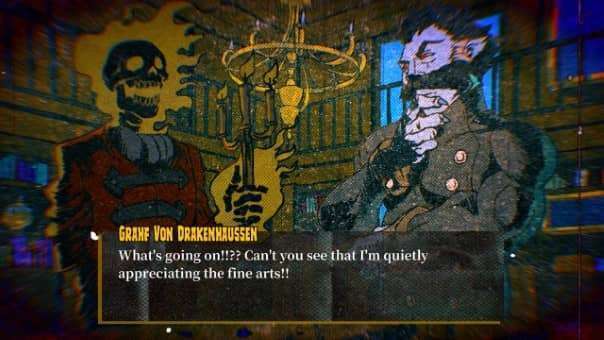 The Mostroscopy review showcases an in-game interaction cutscene, highlighting its retro horror aesthetic and storytelling elements.