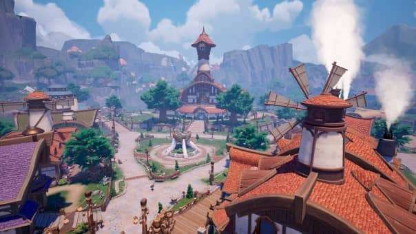 A breathtaking aerial shot from the Palia review, showcasing the vibrant main town and its detailed surroundings.