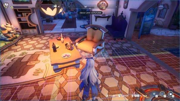 A detailed scene from the Palia review, showing a player adjusting furniture using the grid-based placement system.