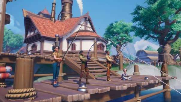 A lively scene from the Palia review, showing players fishing together at the local port.